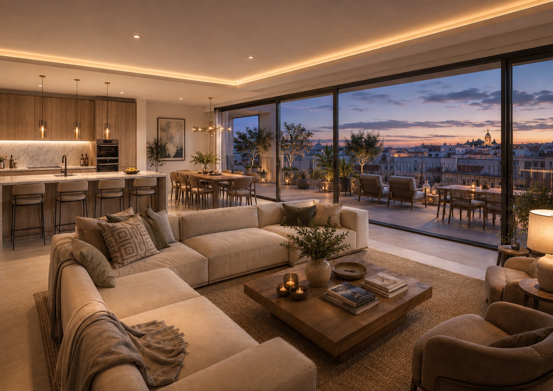 Salón de ático y terraza al atardecer