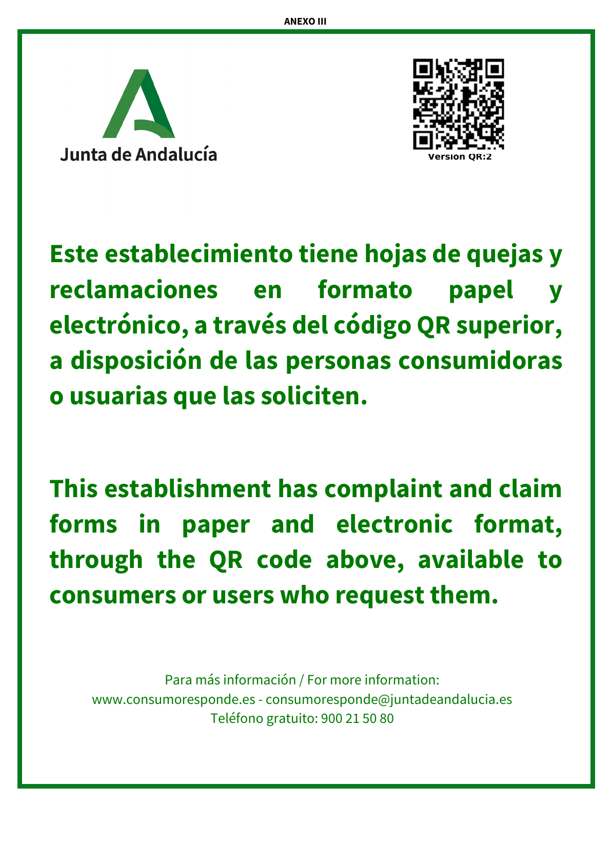 Cartel oficial de hojas de reclamaciones · Graysepark · Andalucía