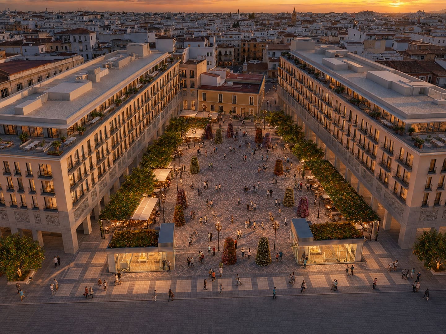 Vista aérea al atardecer de la Plaza Mayor prevista en Huelva