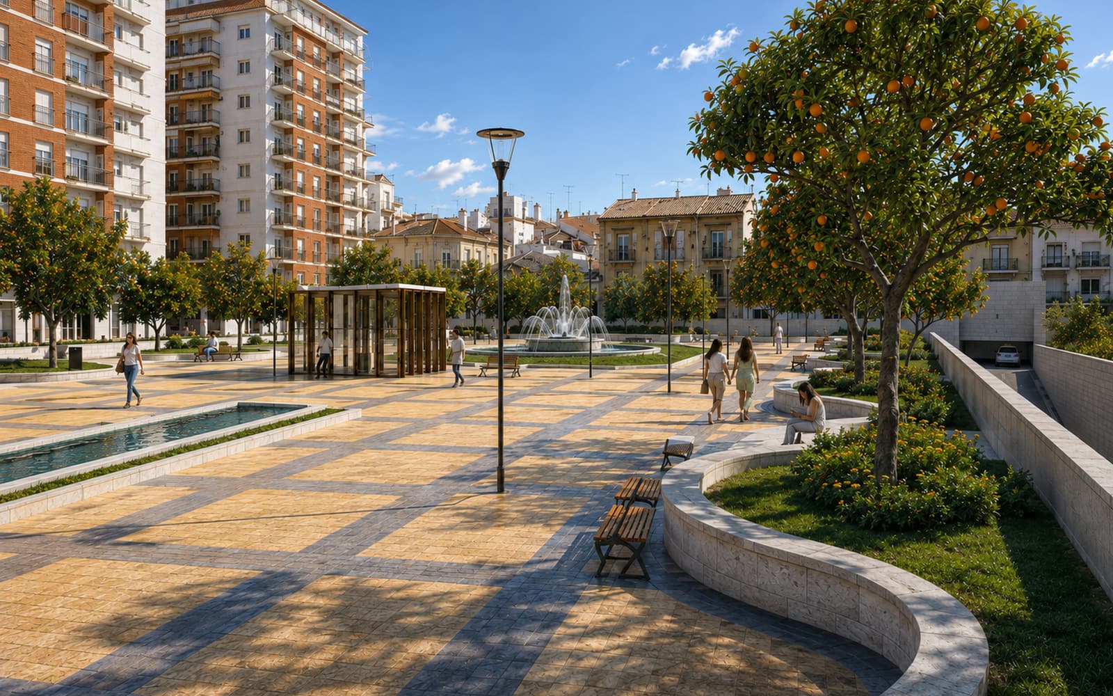 Visualización diurna de la plaza proyectada sobre el aparcamiento del Cuartel de la Concepción de Ronda
